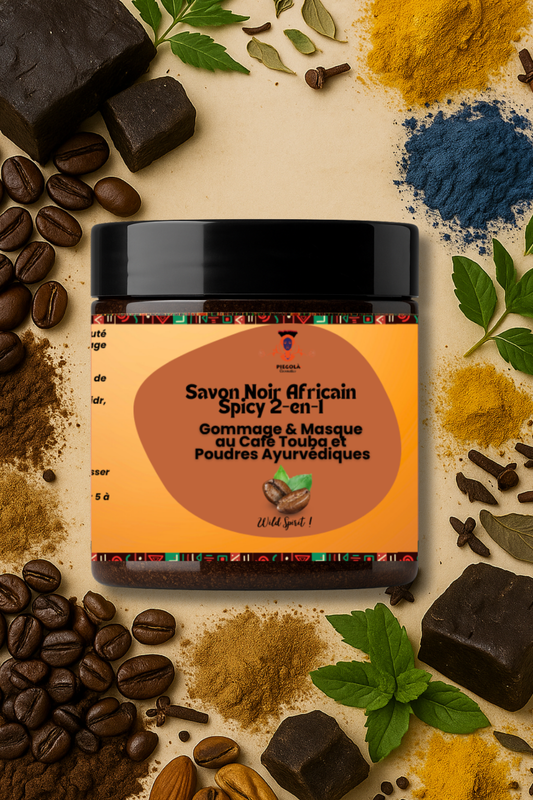 Savon Noir Africain Spicy 2-en-1 – Gommage & Masque au Café Touba et Poudres Ayurvédiques