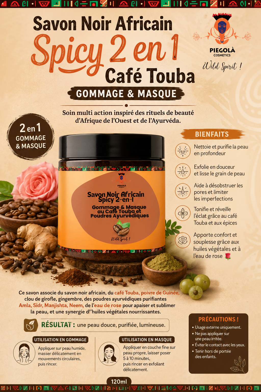 Savon Noir Africain Spicy 2-en-1 – Gommage & Masque au Café Touba et Poudres Ayurvédiques